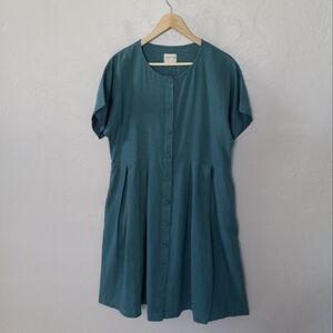 Offon Linen Pleated Skirt Button Down Midi Dress In Light Turquoise S